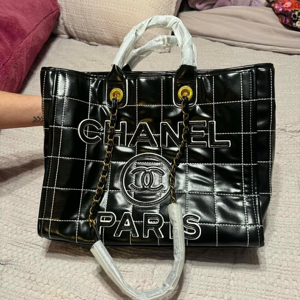 Chanel Large Deauville Shopping Bag Black and White Grid.